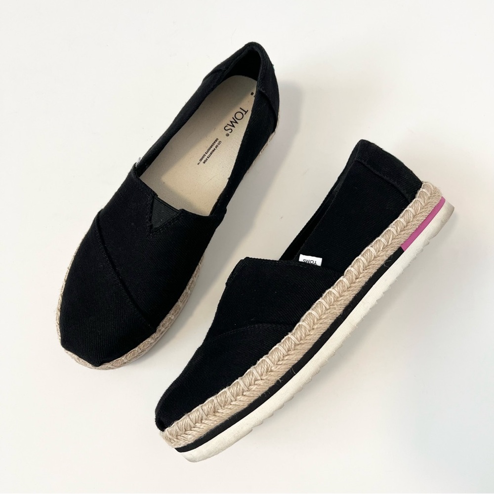Toms Black Espadrille Platform Slip-Ons with Natural Jute Trim